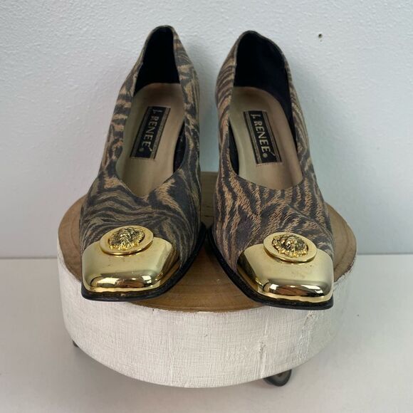 J. Renee Gold and Brown Tiger Patterned Chunky Heels Size 8M EUC - Picture 2 of 7